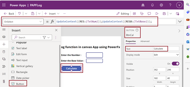 Log function from Power Fx using Power Apps