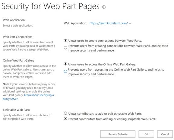 SharePoint 2016 Central Admin - Security - Manage Web Part Security