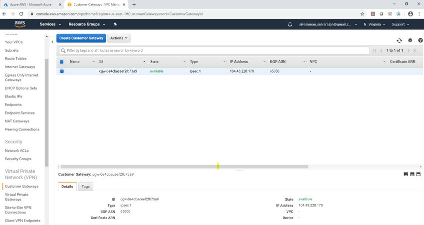 Site to Site VPN (AWS to Azure)