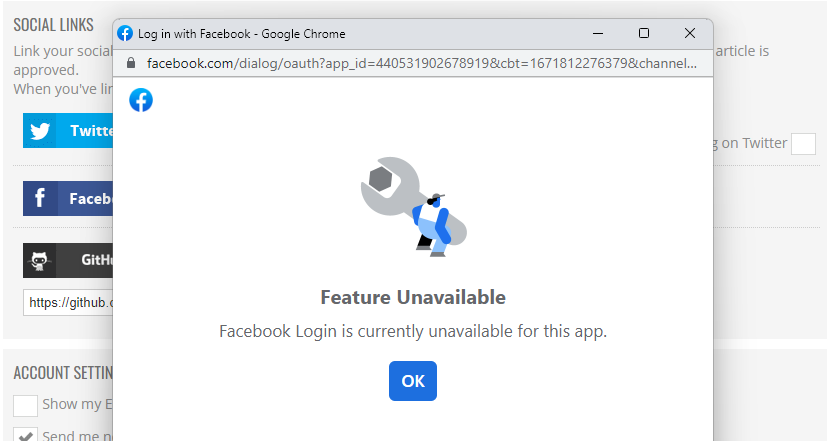 Facebook Login is currently unavailable for this app Error 